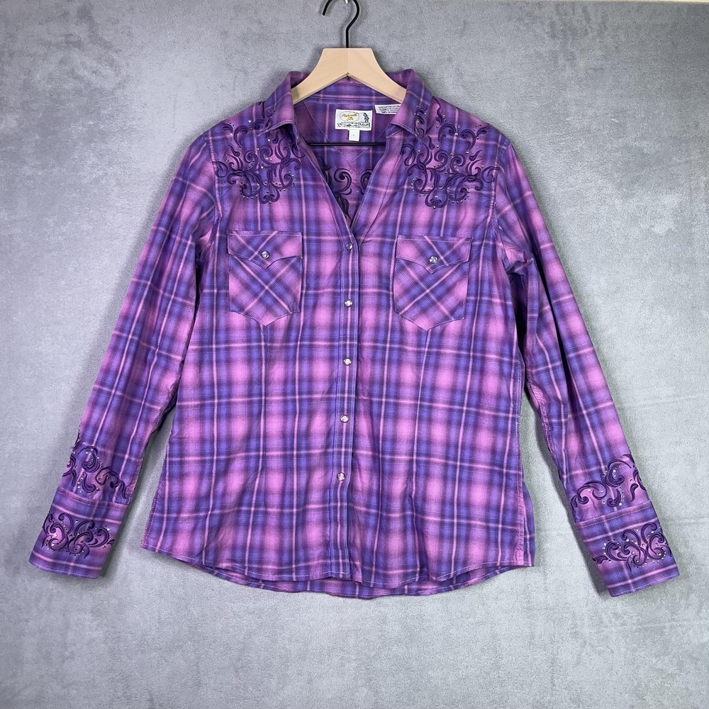 Panhandle‎ Slim Shirt Womens L Purple Plaid Retro Western Wear Embroidered Snap